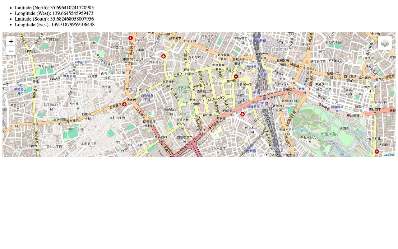 LeafletのVue3での使用例（座標範囲の取得を含む）