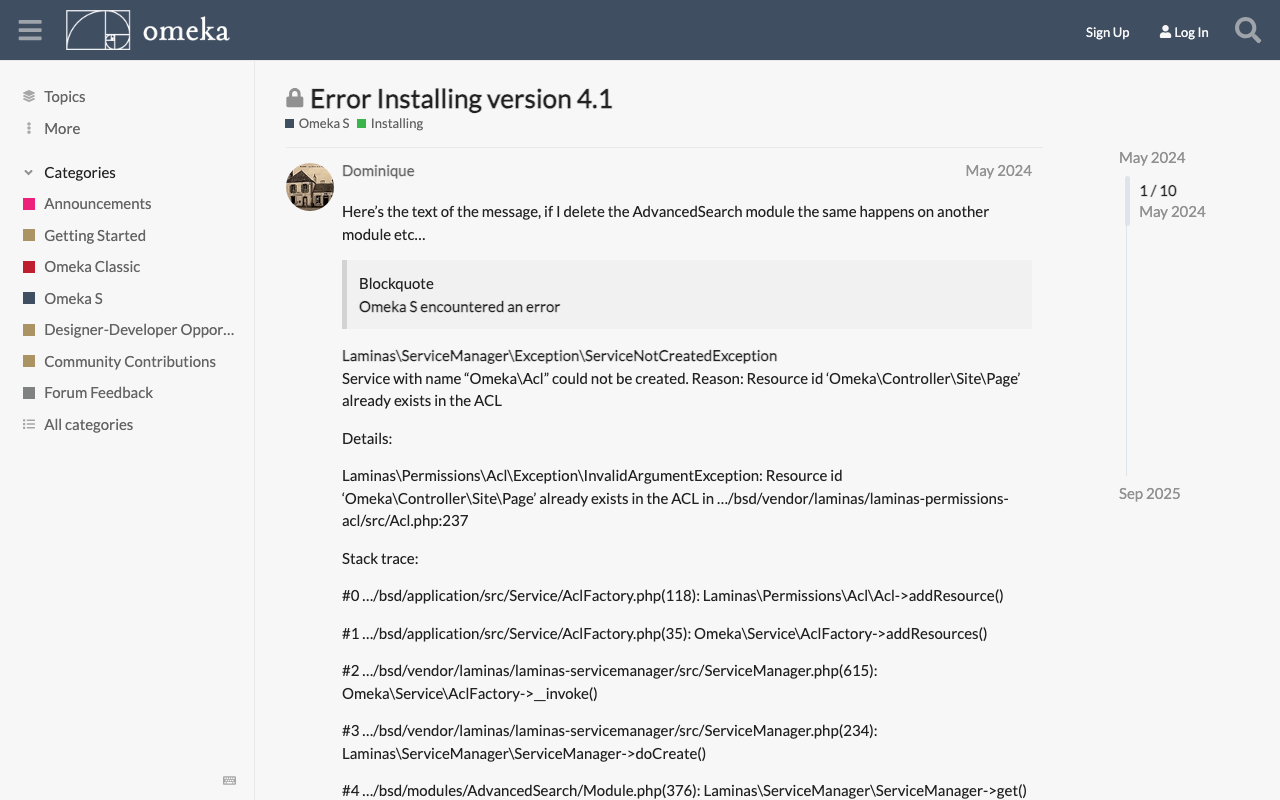 Service with name “Omeka\Acl” could not be created