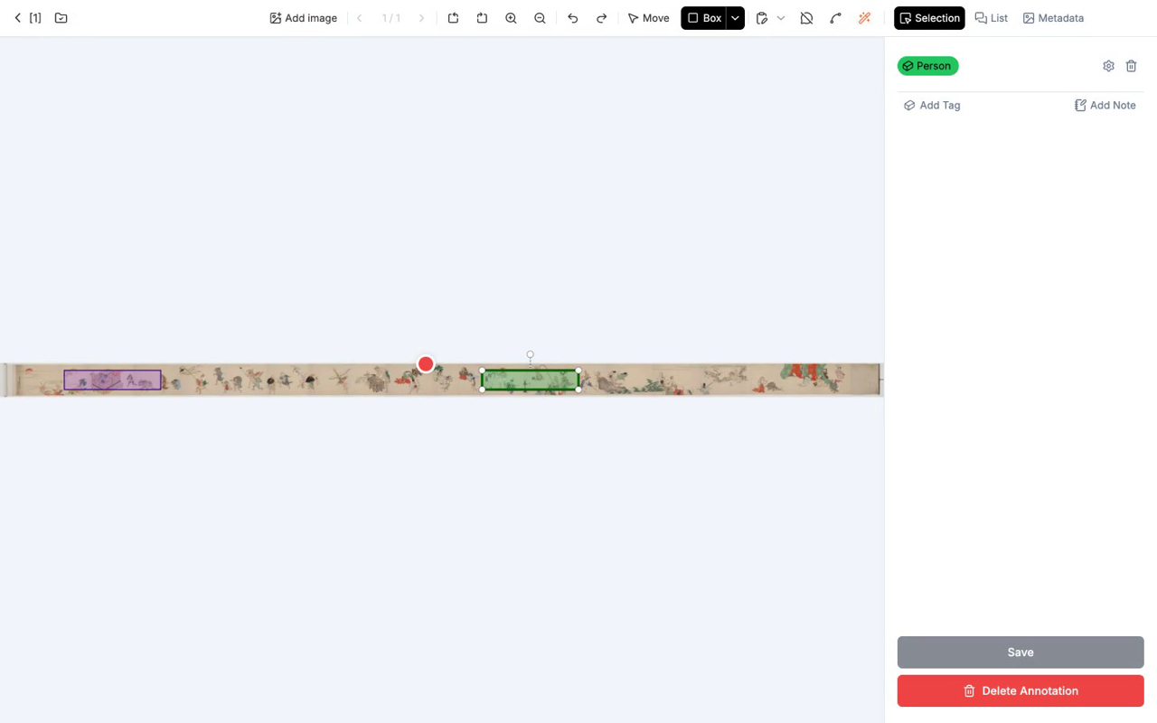 An annotation with a class assigned. A green Person tag is attached, and several annotations are placed along the scroll