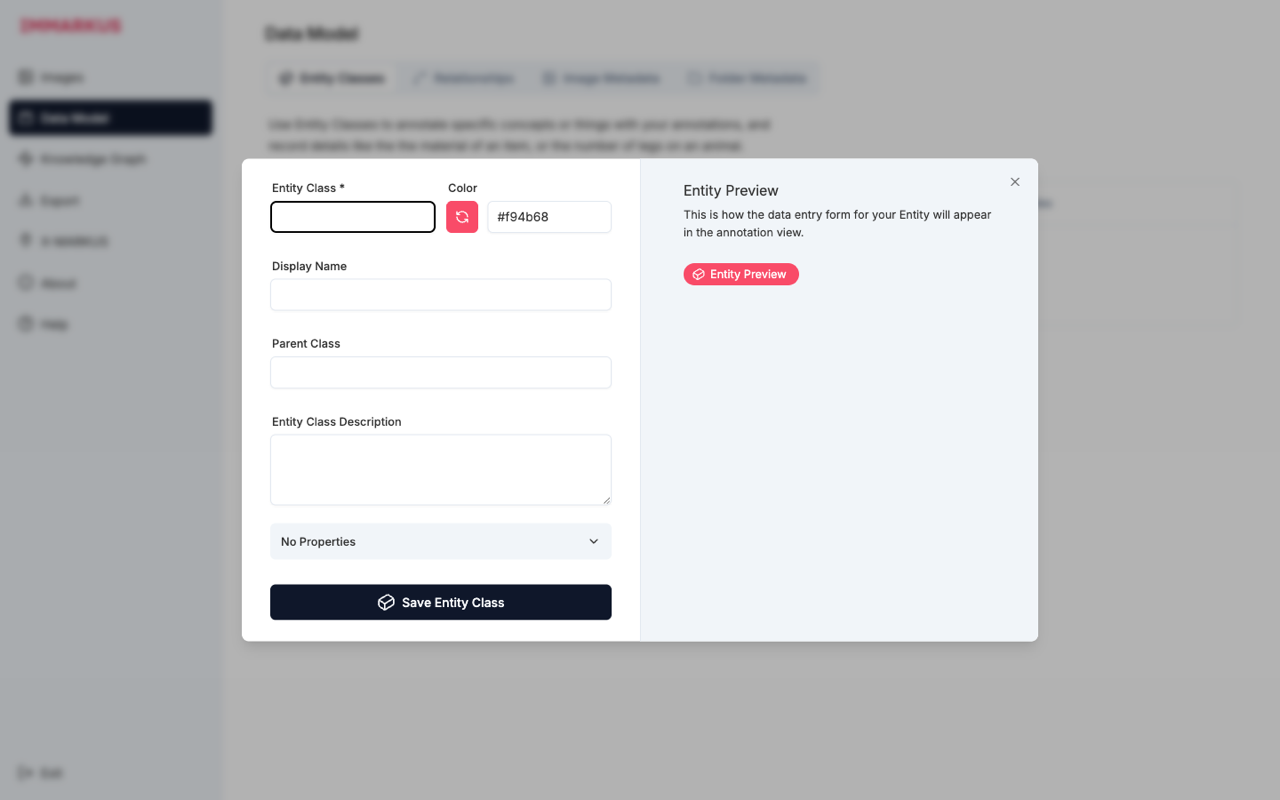 Entity Class creation dialog: the editing form on the left, a preview of the annotation form on the right