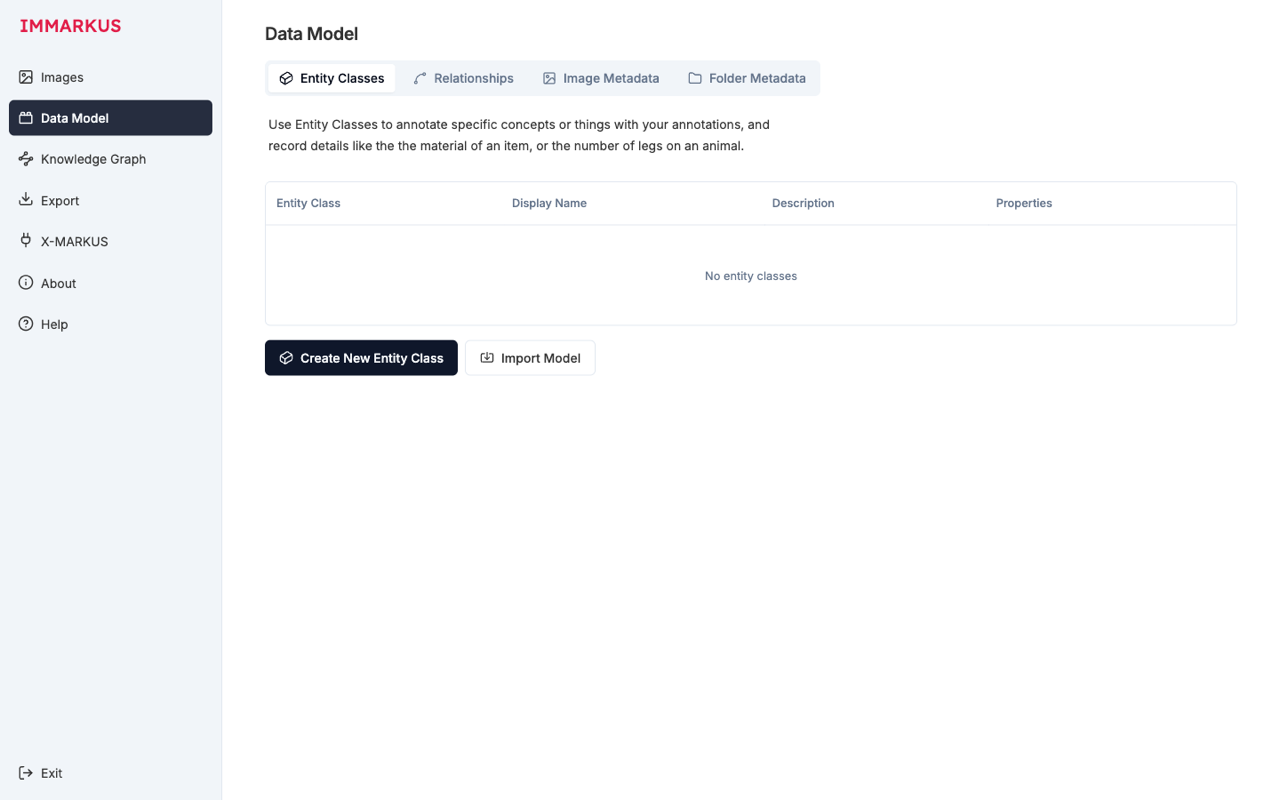 Data Model screen: the four sub-tabs Entity Classes / Relationships / Image Metadata / Folder Metadata