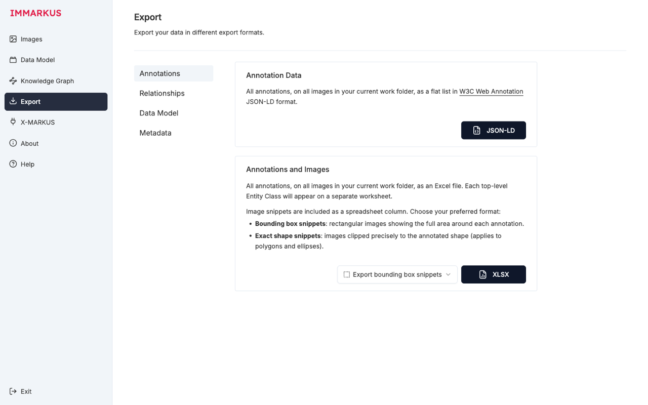Export screen. Two options — JSON-LD of the Annotation Data, and an XLSX with image snippets — are presented as cards