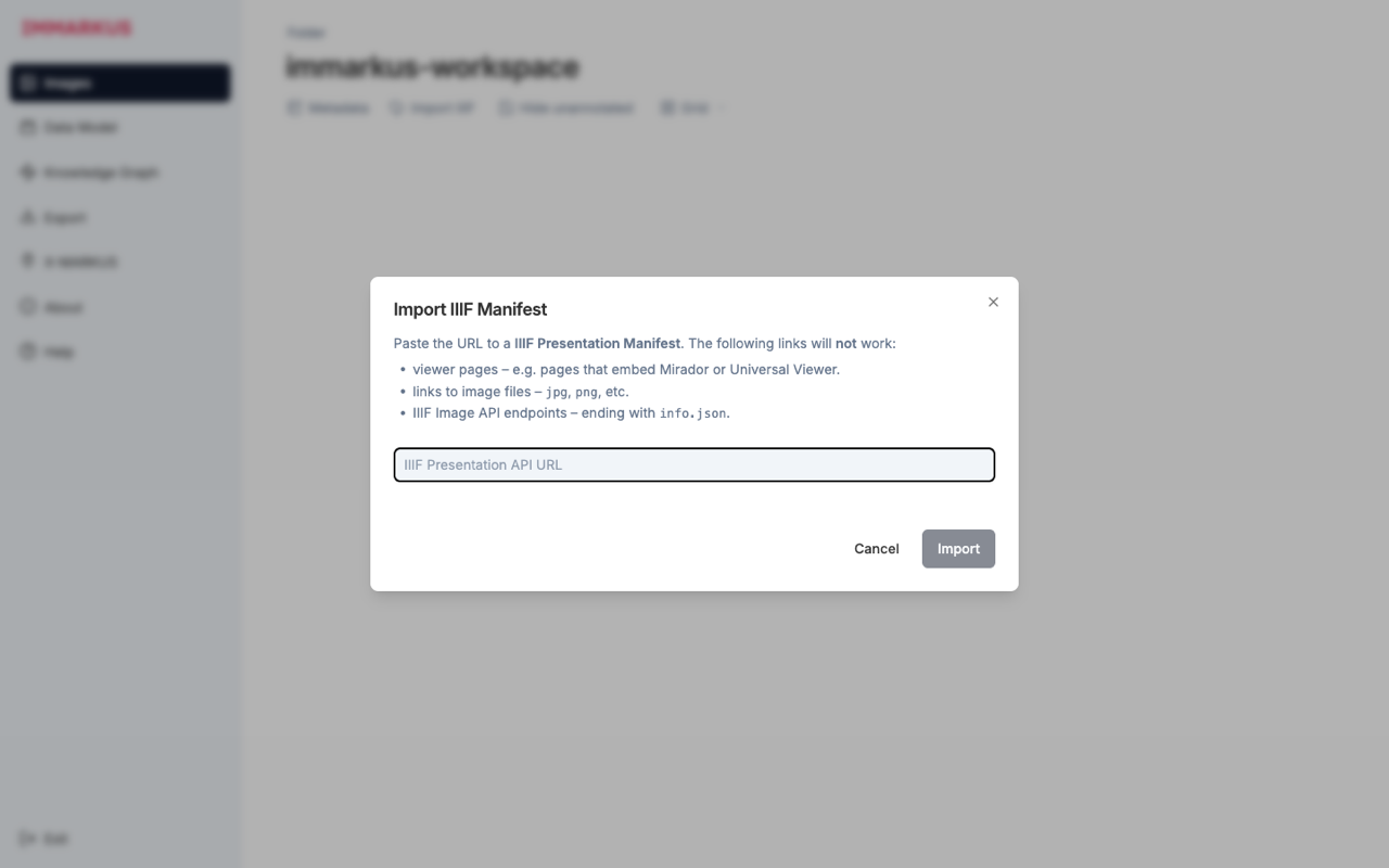 Import IIIF Manifest dialog: examples of URLs that are not accepted are also stated
