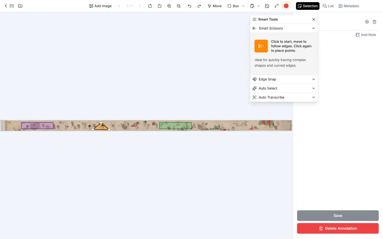 The Smart Tools dropdown. The four tools Smart Scissors / Edge Snap / Auto Select / Auto Transcribe are listed