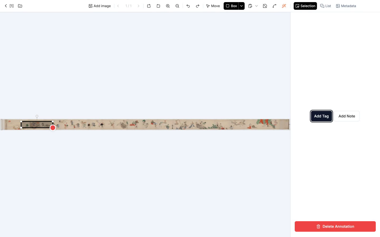 Right after drawing a region with Box. The right panel shows Add Tag / Add Note