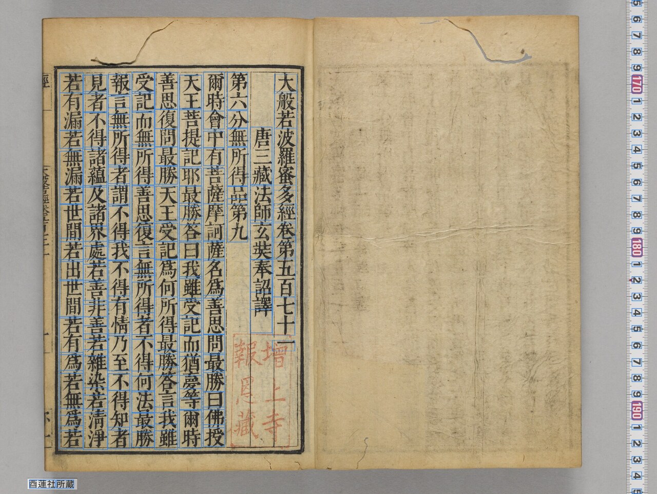 canvas 2: Vision API word-level bounding boxes. Body characters, the ruler digits at right, the bottom-left shelf label “酉蓮社所蔵”, and the central seal “增上寺報恩藏” are all detected as comparable word boxes
